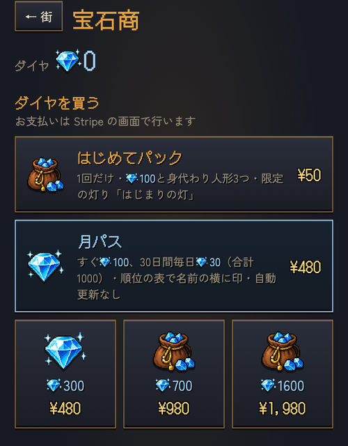 ゲームの中の宝石商(ダイヤの販売)の画面